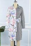 Полосатая сексуальная повязка с принтом в стиле пэчворк, рубашка с воротником и пряжкой, платья с принтом