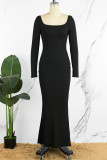 Schwarze, elegante, solide Patchwork-Kleider mit Schlitz und U-Ausschnitt und langen Ärmeln