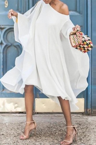 White Casual Solid Hollowed Out Basic Asymmetrical Oblique Collar Dresses