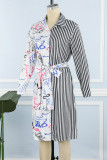 Полосатая сексуальная повязка с принтом в стиле пэчворк, рубашка с воротником и пряжкой, платья с принтом
