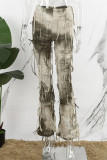 Pantalon décontracté imprimé tie-dye à franges taille haute marron à imprimé complet conventionnel