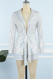 Silver Sexy Bronzing Bandage Patchwork Turndown Collar Long Sleeve Two Pieces