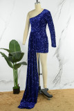 Blue Sexy Patchwork Sequins Backless Oblique Collar Irregular Dress Dresses
