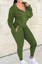Армейский зеленый Повседневный Однотонный Лоскутный Карман Молния Воротник с капюшоном Длинный рукав Две части