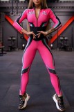Rosa sportkläder Tryck Patchwork Dragkedja Krage Skinny Jumpsuits