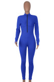 Färgglada blå Casual Solid Patchwork Zipper O-hals Skinny Jumpsuits