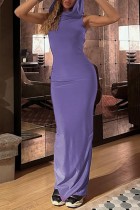 Фиолетовые повседневные однотонные длинные платья с капюшоном и воротником с разрезом Платья