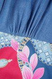 ロイヤルブルー カジュアル スイート プリント パッチワーク バックル ターンダウンカラー 長袖 プラス サイズ ドレス