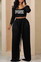 Black Casual Print Letter U Neck Long Sleeve Two Pieces