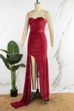 Rode sexy effen pailletten patchwork rugloze split strapless lange jurk jurken