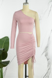 Pink Sexy Casual Solid Backless Fold Oblique Collar Long Sleeve Two Pieces
