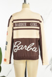 Brown Street Letter Print Patchwork Pocket Buckle Buttons Printing Mandarin Collar Long Sleeve Two Pieces(Detachable)