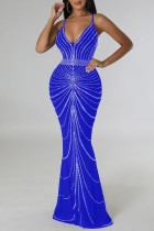 Blauwe sexy patchwork hete boren rugloze lange jurk met spaghettibandjes