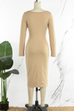 Khaki Casual Solid Patchwork U Neck Wrapped Skirt Dresses
