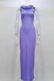 Purple Casual Solid Slit Hooded Collar Long Dress Dresses