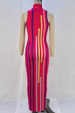 Red Sexy Striped Patchwork Mandarin Collar Long Dress Dresses