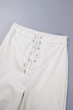 Белые повседневные однотонные узкие брюки с высокой талией и однотонной уздечкой