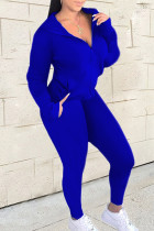 Синий Повседневный Однотонный Лоскутный Карман Молния Воротник с капюшоном Длинный рукав Две части
