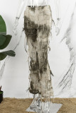 Bruine casual skinny tie-dye kwastje met hoge taille, conventionele broek met volledige print
