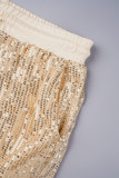 Weiße, lässige Patchwork-Pailletten-Hose mit normaler hoher Taille und herkömmlicher Patchwork-Hose