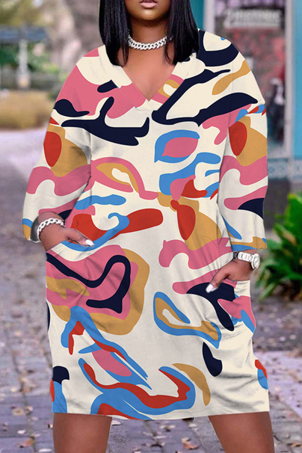 Abrikoosroze casual patchwork jurken met V-hals en lange mouwen