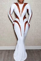 Robe longue blanche sexy en patchwork transparente à col rond