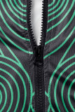 Grön Casual Print Patchwork Zipper Turtleneck Skinny Romper