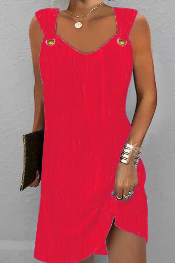 Rotes, lässiges, einfarbiges Patchwork-Weste-Kleid mit O-Ausschnitt