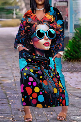 Multicolor Casual Print Patchwork V Neck Long Sleeve Dresses