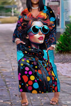 Vestidos de manga comprida com estampa casual multicolorida de patchwork decote em V