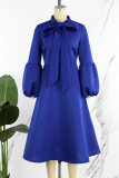 Blue Casual Solid With Bow Half A Turtleneck Long Sleeve Dresses