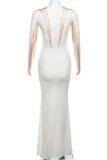 White Sexy Patchwork See-through O Neck Long Dress Dresses