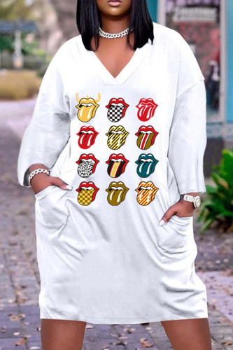 White Casual Patchwork V Neck Long Sleeve Dresses