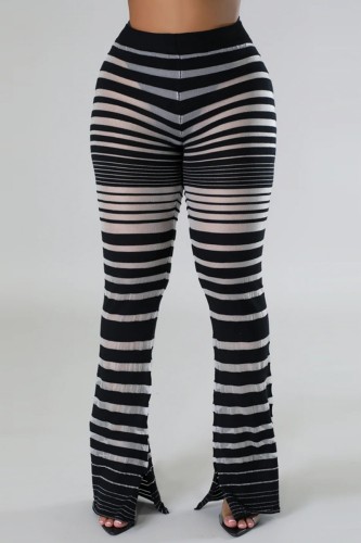 Pantalones de patchwork convencionales de cintura alta ajustados transparentes con patchwork a rayas informales negros