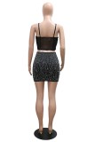 Black Sexy Patchwork Hot Drilling Backless Spaghetti Strap Sleeveless Two Pieces