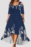 Blue Casual Print Hollowed Out V Neck Long Dress Dresses