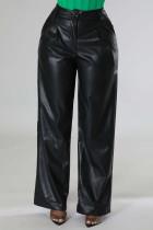 Calça preta casual sólida patchwork regular cintura alta reta cor sólida