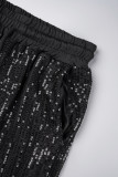 Pantalon patchwork décontracté noir à paillettes taille haute régulière