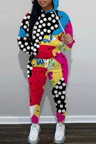 Blue Black Casual Graphics Print Hooded Collar Long Sleeve Sweatshirt And Draw String Pocket Skinny Pants Two Pieces Jogger Sets