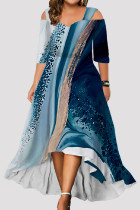 Blå Casual Print urholkad V-hals långa klänningar