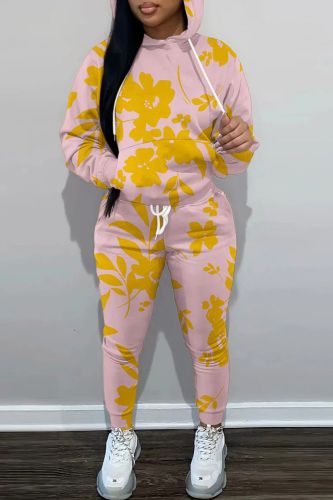 Pink Yellow Casual Graphics Print Hooded Collar Long Sleeve Sweatshirt And Draw String Pocket Skinny Pants Two Pieces Jogger Sets