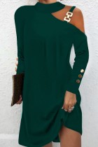 Grön Casual Solid urholkad O-hals långärmade klänningar