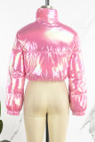 Pink Solid Cardigan Zipper Collar Outerwear