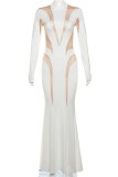 White Sexy Patchwork See-through O Neck Long Dress Dresses