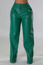 Groene casual effen patchwork normale rechte broek met hoge taille en effen kleur