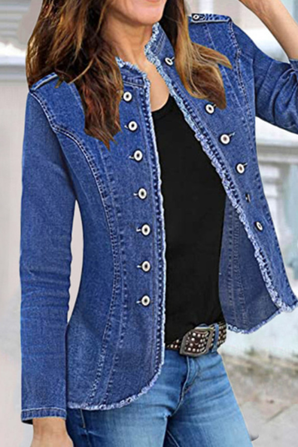 Cardigan sólido casual azul manga comprida jaqueta jeans regular