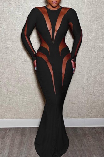 Black Sexy Patchwork See-through O Neck Long Dress Dresses