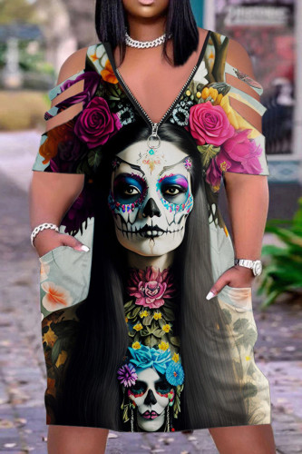 Multicolor Casual Gradual Change Print Hollowed Out Zipper V Neck Short Sleeve Straight Midi T-shirt Dress