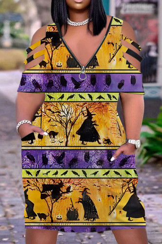 Orange Yellow Casual Gradual Change Print Hollowed Out Zipper V Neck Short Sleeve Straight Midi T-shirt Dress