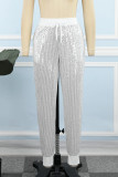 Pantalones de patchwork convencionales de cintura alta regulares con lentejuelas y patchwork informales blancos